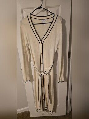 Nicole Miller Cream Knit Button-Front Dress with Navy Trim